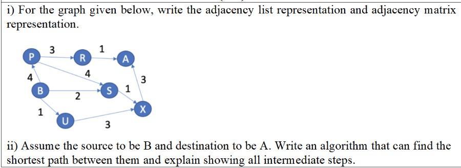 i) For the graph given below, write the adjacency list representation and adjacency matrix representation. P