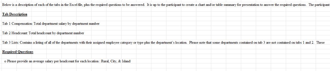 Below is a description of each of the tabs in the Excel file, plus the required questions to be answered. It