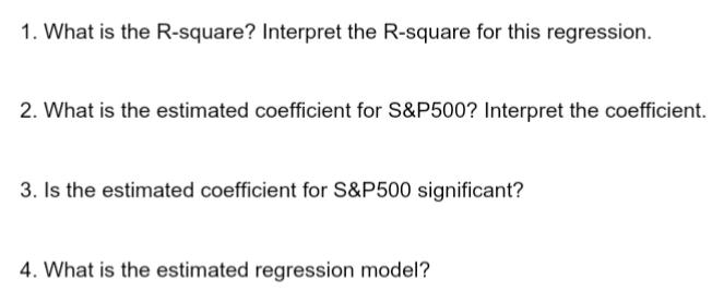1. What is the R-square? Interpret the R-square for this regression. 2. What is the estimated coefficient for