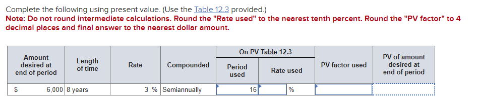 Complete the following using present value. (Use the Table 12.3 provided.) Note: Do not round intermediate