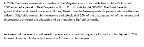 In 2006, the Derek Zoolander as Trustee of the Mugatu Family Irrevocable Granchildren's Trust of 2001acquired