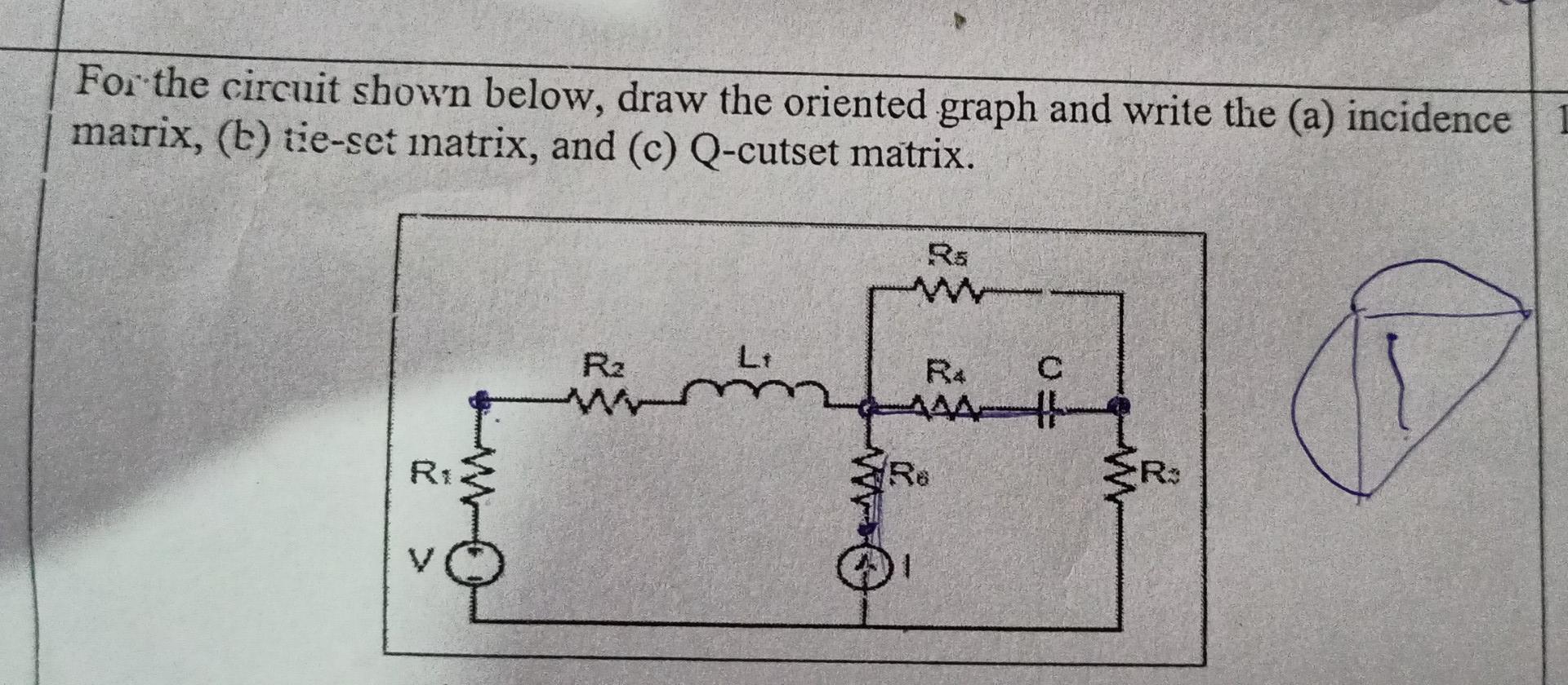For the circuit shown below, draw the oriented graph and write the (a) incidence matrix, (b) tie-set matrix,