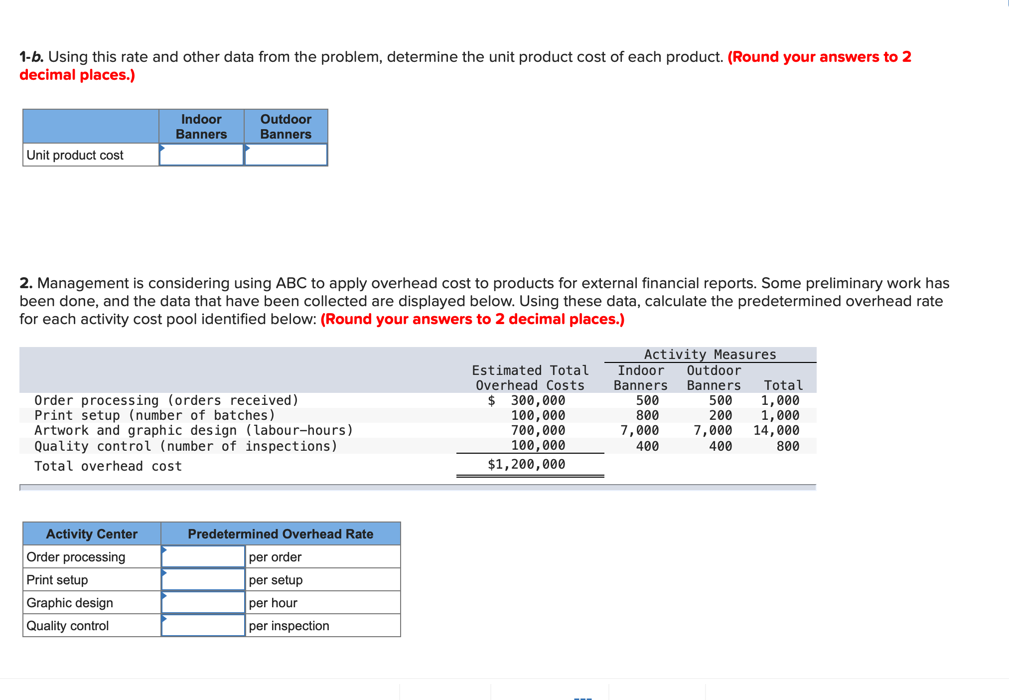 1-b. Using this rate and other data from the problem, determine the unit product cost of each product. (Round