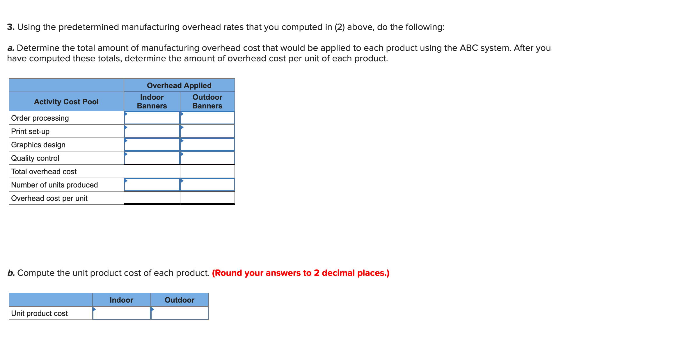 3. Using the predetermined manufacturing overhead rates that you computed in (2) above, do the following: a.