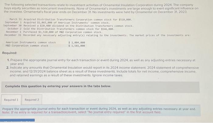 The following selected transactions relate to investment activities of Ornamental Insulation Corporation