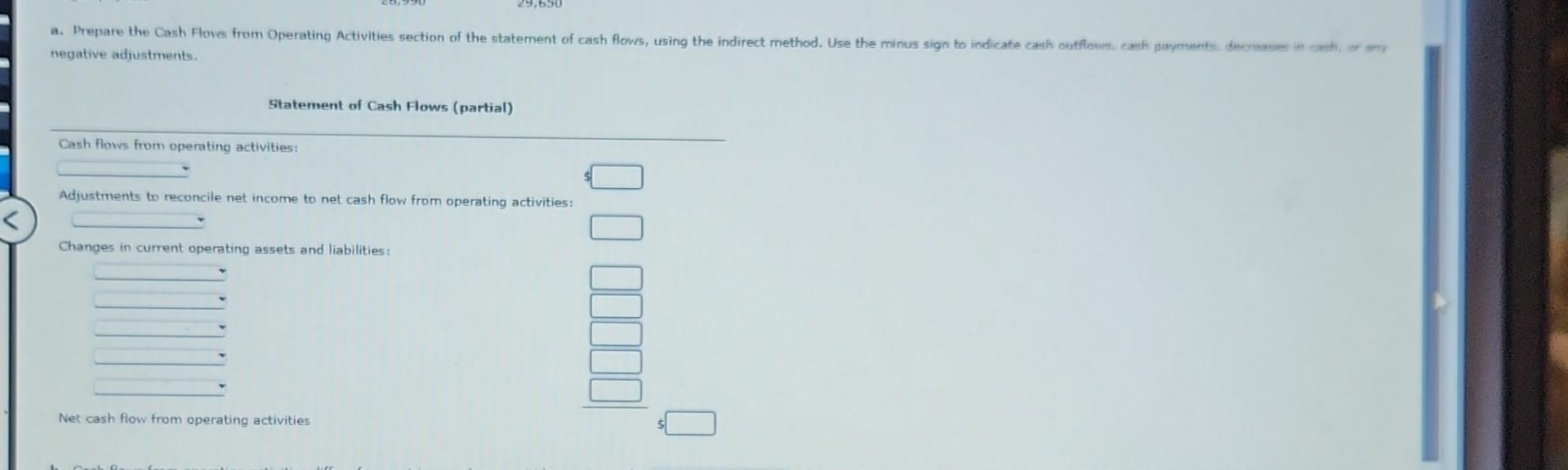 a. Prepare the Cash Flows from Operating Activities section of the statement of cash flows, using the