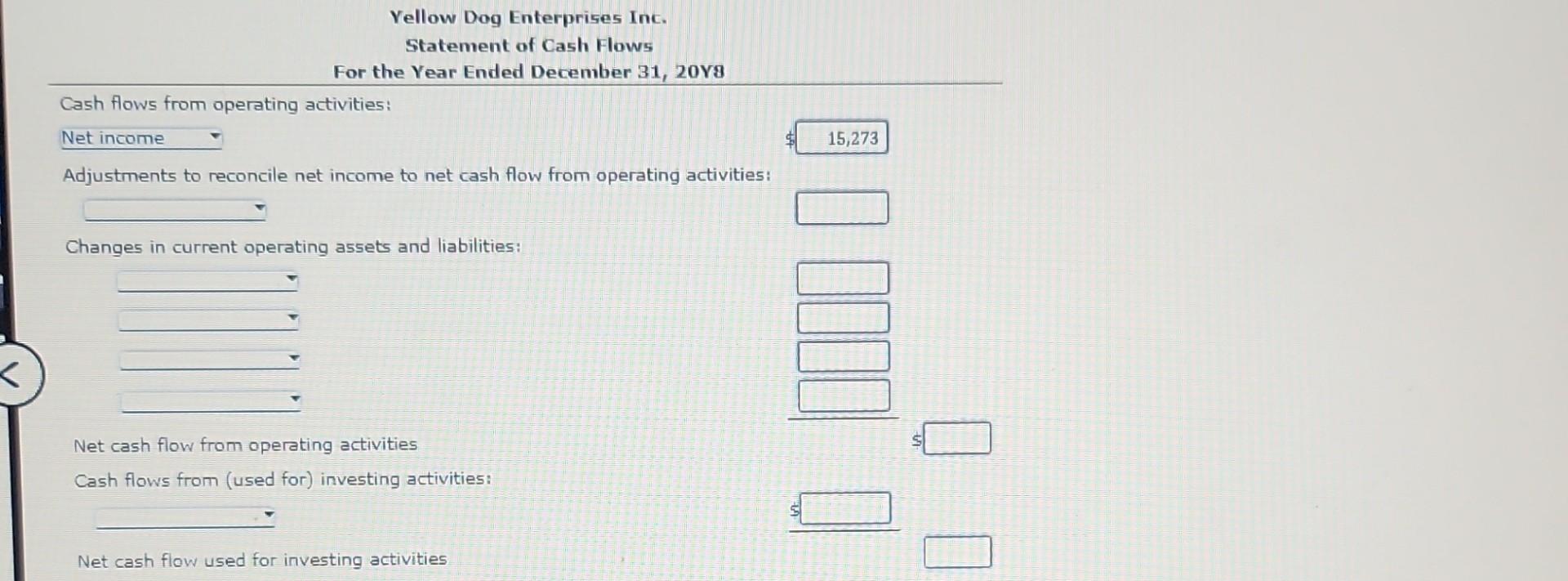 Yellow Dog Enterprises Inc. Statement of Cash Flows For the Year Ended December 31, 20Y8 Cash flows from