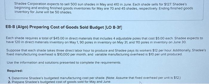 Shadee Corporation expects to sell 500 sun shades in May and 410 in June. Each shade sells for $127. Shadee's