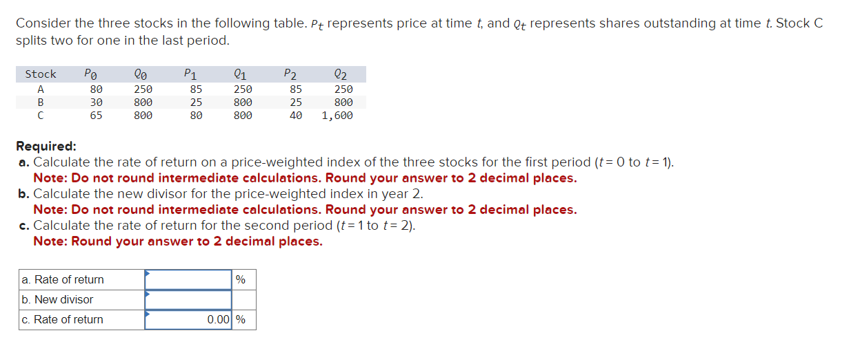 Consider the three stocks in the following table. Pt represents price at time t, and Qt represents shares