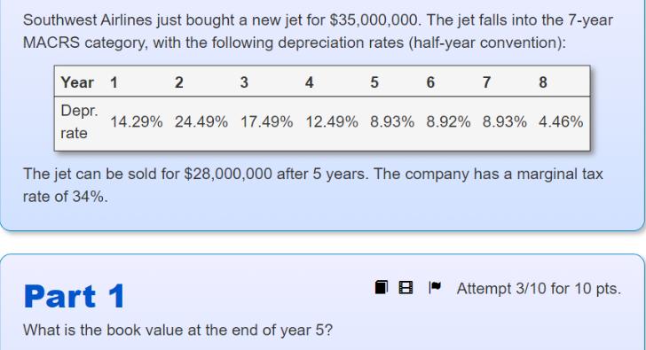 Southwest Airlines just bought a new jet for $35,000,000. The jet falls into the 7-year MACRS category, with