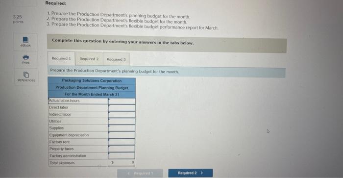 3.25 points eBook Print References Required: 1. Prepare the Production Department's planning budget for the