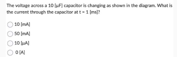 The voltage across a 10 [F] capacitor is changing as shown in the diagram. What is the current through the