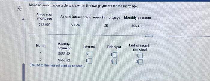 K Make an amortization table to show the first two payments for the mortgage. Amount of mortgage $88,000