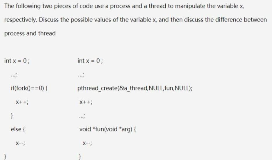 The following two pieces of code use a process and a thread to manipulate the variable x, respectively.