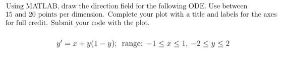 Using MATLAB, draw the direction field for the following ODE. Use between 15 and 20 points per dimension.