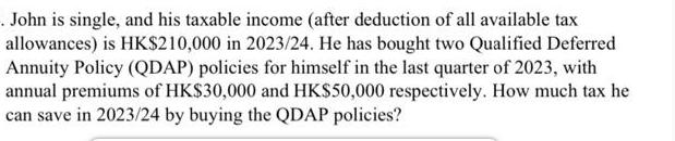 . John is single, and his taxable income (after deduction of all available tax allowances) is HK$210,000 in