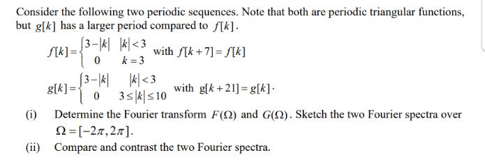 Consider the following two periodic sequences. Note that both are periodic triangular functions, but g[k] has
