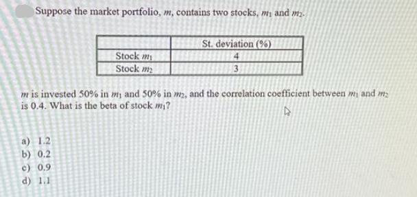 Suppose the market portfolio, m, contains two stocks, mi and m. St. deviation (%) 4 3 Stock my Stock m m is