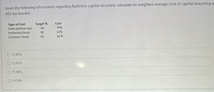 Given the following information regarding Builtrite's capital structure, calculate its weighted average cost