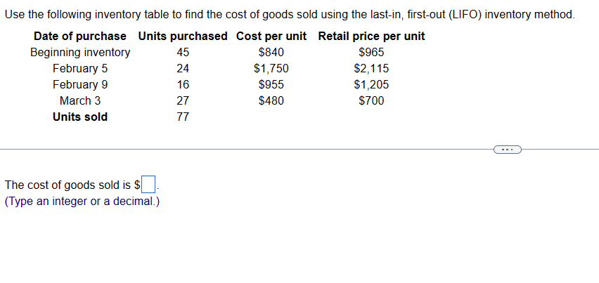 Use the following inventory table to find the cost of goods sold using the last-in, first-out (LIFO)