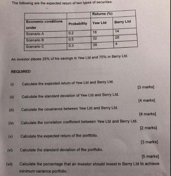 The following are the expected return of two types of securities: REQUIRED (0) (ii) (iii) (iv) 3 3 An