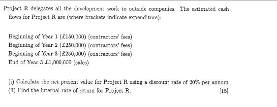 Project R delegates all the development work to outside companies. The estimated cash flows for Project R are