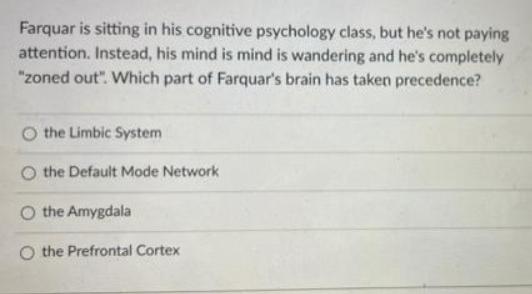 Farquar is sitting in his cognitive psychology class, but he's not paying attention. Instead, his mind is