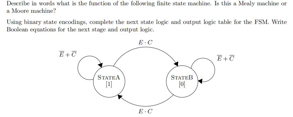 Describe in words what is the function of the following finite state machine. Is this a Mealy machine or a