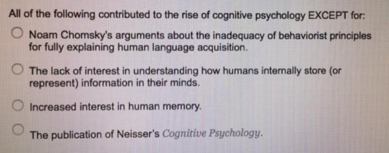 All of the following contributed to the rise of cognitive psychology EXCEPT for: Noam Chomsky's arguments