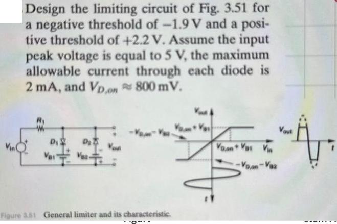 Vin( Design the limiting circuit of Fig. 3.51 for a negative threshold of -1.9 V and a posi- tive threshold