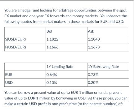 You are a hedge fund looking for arbitrage opportunities between the spot FX market and one year FX forwards