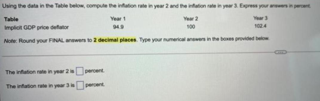 Using the data in the Table below, compute the inflation rate in year 2 and the inflation rate in year 3.