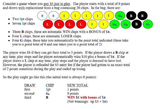 Consider a game where you pay $5 just to play. The player starts with a total of 0 points and draws with