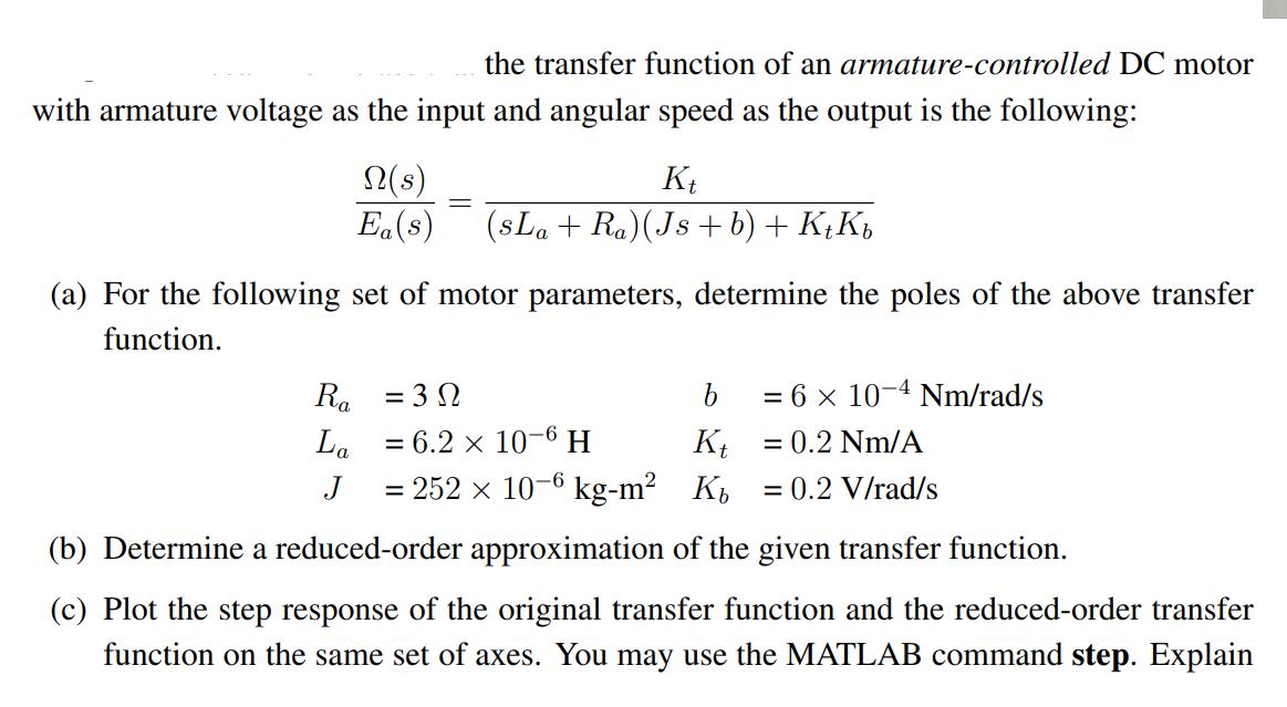 the transfer function of an armature-controlled DC motor with armature voltage as the input and angular speed