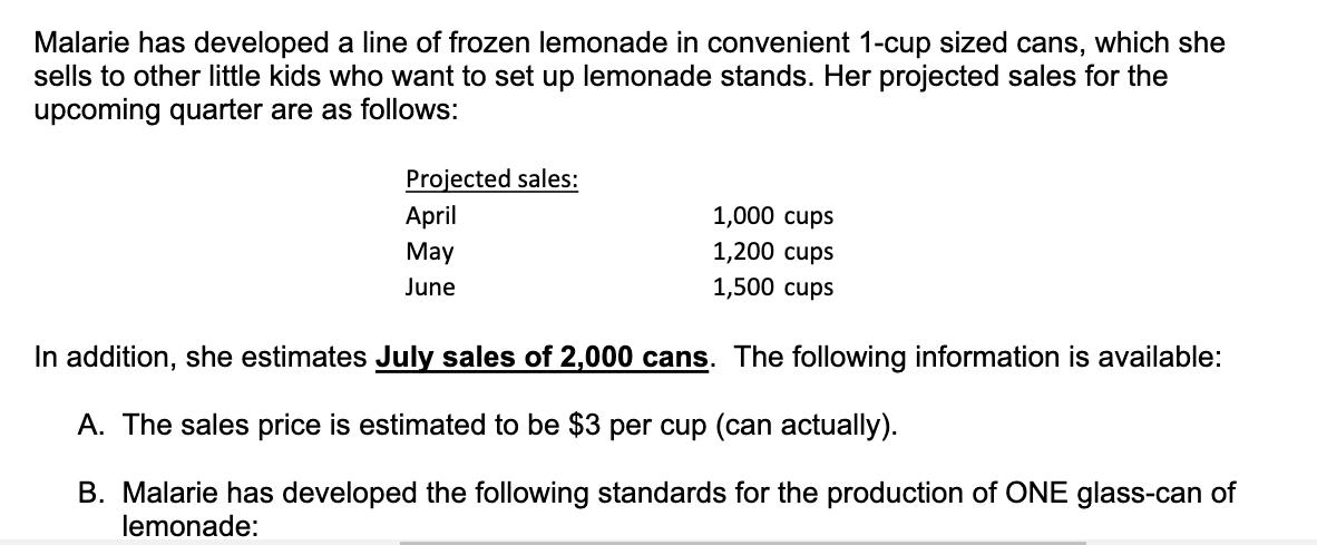 cans, which she Malarie has developed a line of frozen lemonade in convenient 1-cup sized sells to other