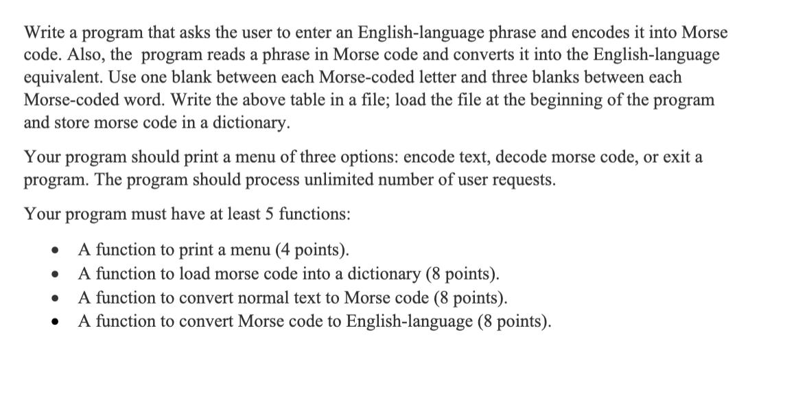 Write a program that asks the user to enter an English-language phrase and encodes it into Morse code. Also,