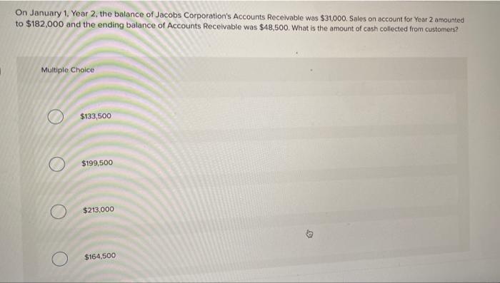 On January 1, Year 2, the balance of Jacobs Corporation's Accounts Receivable was $31,000. Sales on account