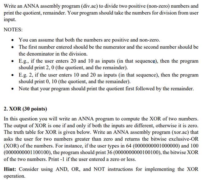 Write an ANNA assembly program (div.ac) to divide two positive (non-zero) numbers and print the quotient,