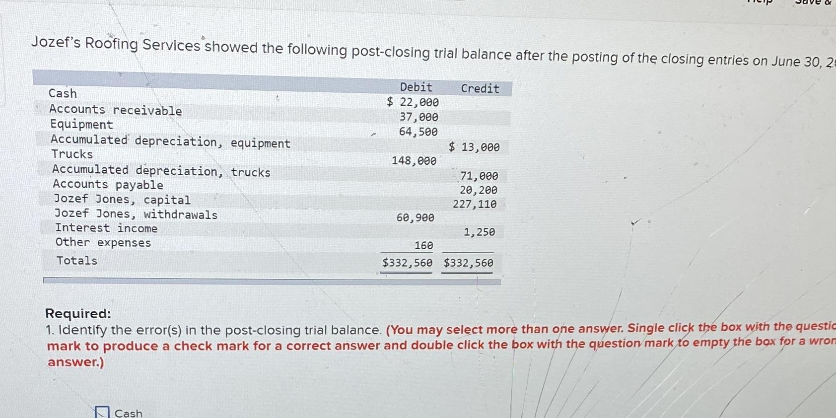 Jozef's Roofing Services showed the following post-closing trial balance after the posting of the closing