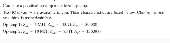 Compare a practical op-amp to an ideal op-amp. Two IC op-amps are available to you. Their characteristics are