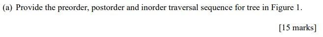 (a) Provide the preorder, postorder and inorder traversal sequence for tree in Figure 1. [15 marks]