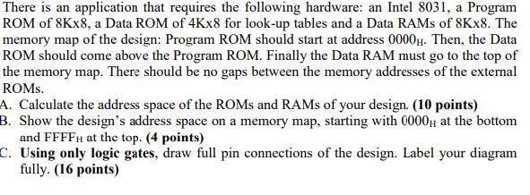 There is an application that requires the following hardware: an Intel 8031, a Program ROM of 8Kx8, a Data