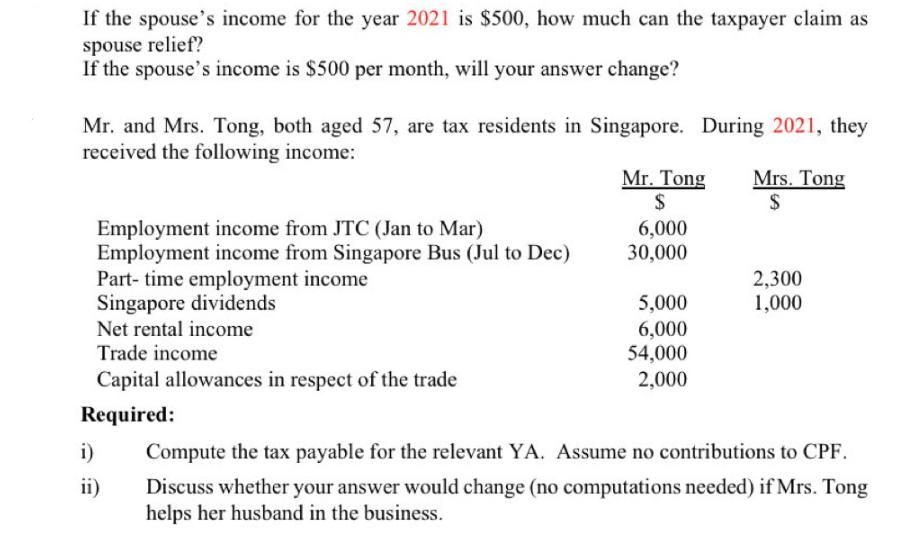 If the spouse's income for the year 2021 is $500, how much can the taxpayer claim as spouse relief? If the