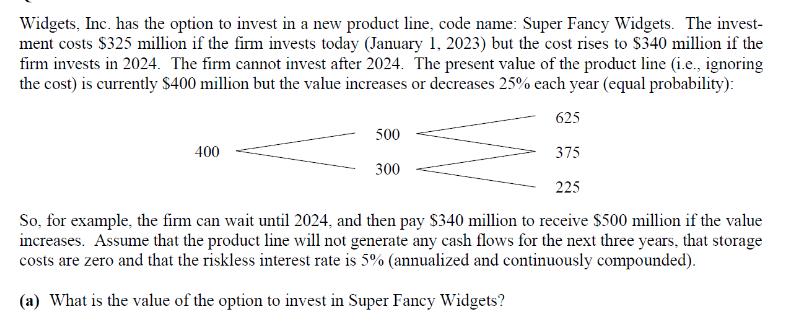 Widgets, Inc. has the option to invest in a new product line, code name: Super Fancy Widgets. The invest-
