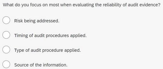 What do you focus on most when evaluating the reliability of audit evidence? Risk being addressed. Timing of