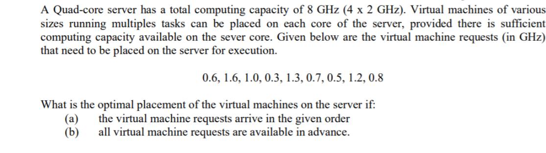 A Quad-core server has a total computing capacity of 8 GHz (4 x 2 GHz). Virtual machines of various sizes