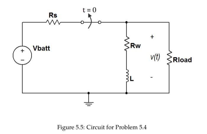 + Rs Vbatt t = 0 g ww www Rw Figure 5.5: Circuit for Problem 5.4 v(t) Rload