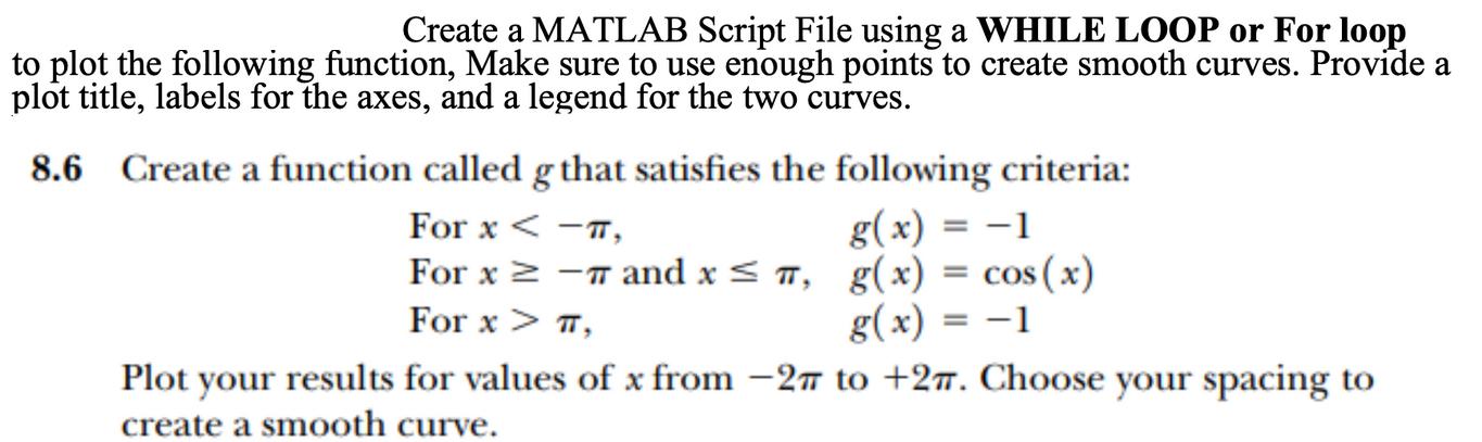 Create a MATLAB Script File using a WHILE LOOP or For loop to plot the following function, Make sure to use