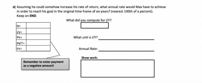d) Assuming he could somehow increase his rate of return, what annual rate would Max have to achieve in order