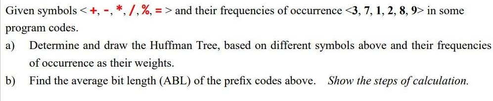 Given symbols and their frequencies of occurrence <3, 7, 1, 2, 8, 9> in some a) Determine and draw the